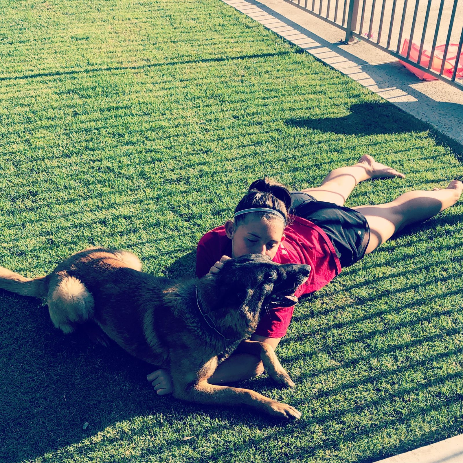 A child cuddling a German Shepherd on the grass, the kind of bond we honor at Bakersfield Pet Crematory