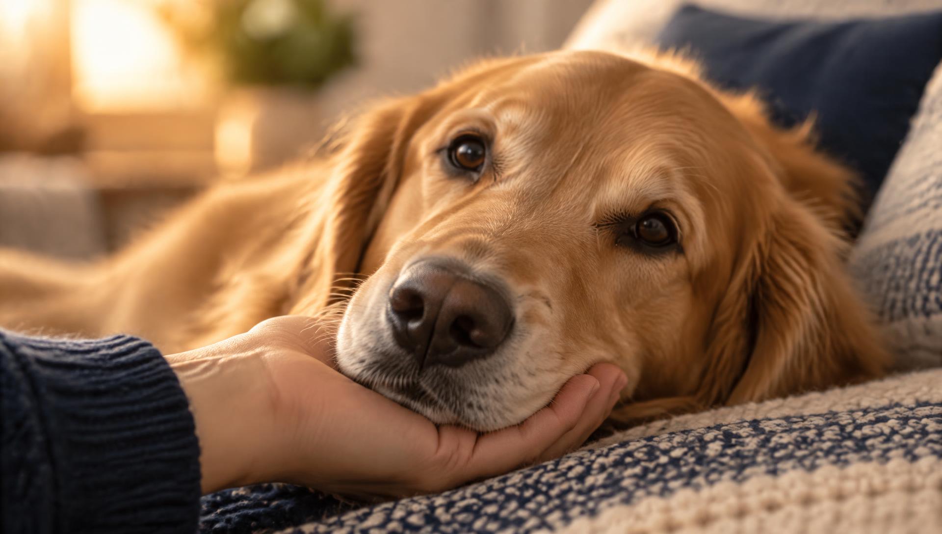 A golden retriever resting its head gently in a caring open hand in warm evening light