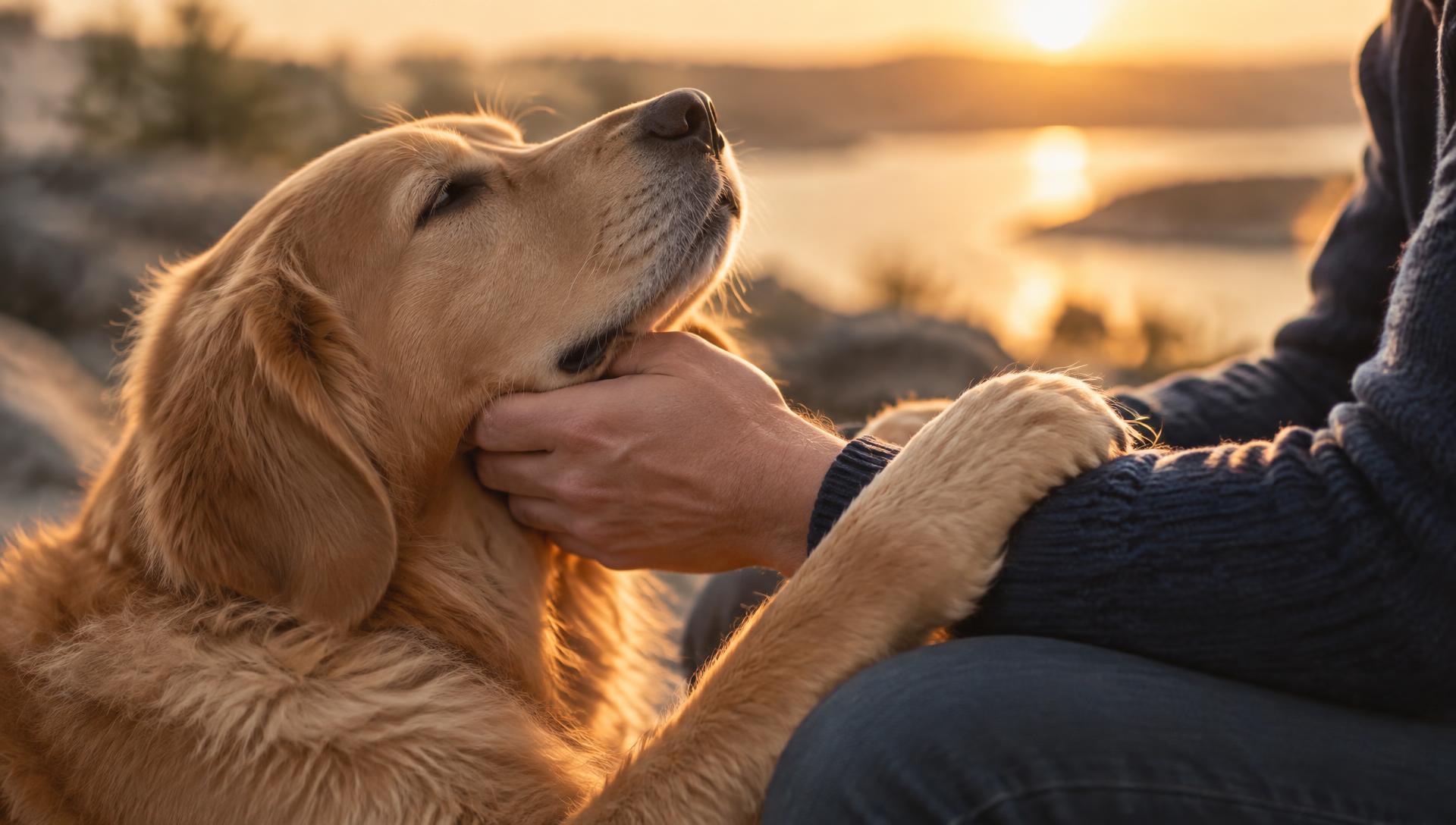 A golden retriever leaning into its owner's hand at sunset, a tender moment between pet and family
