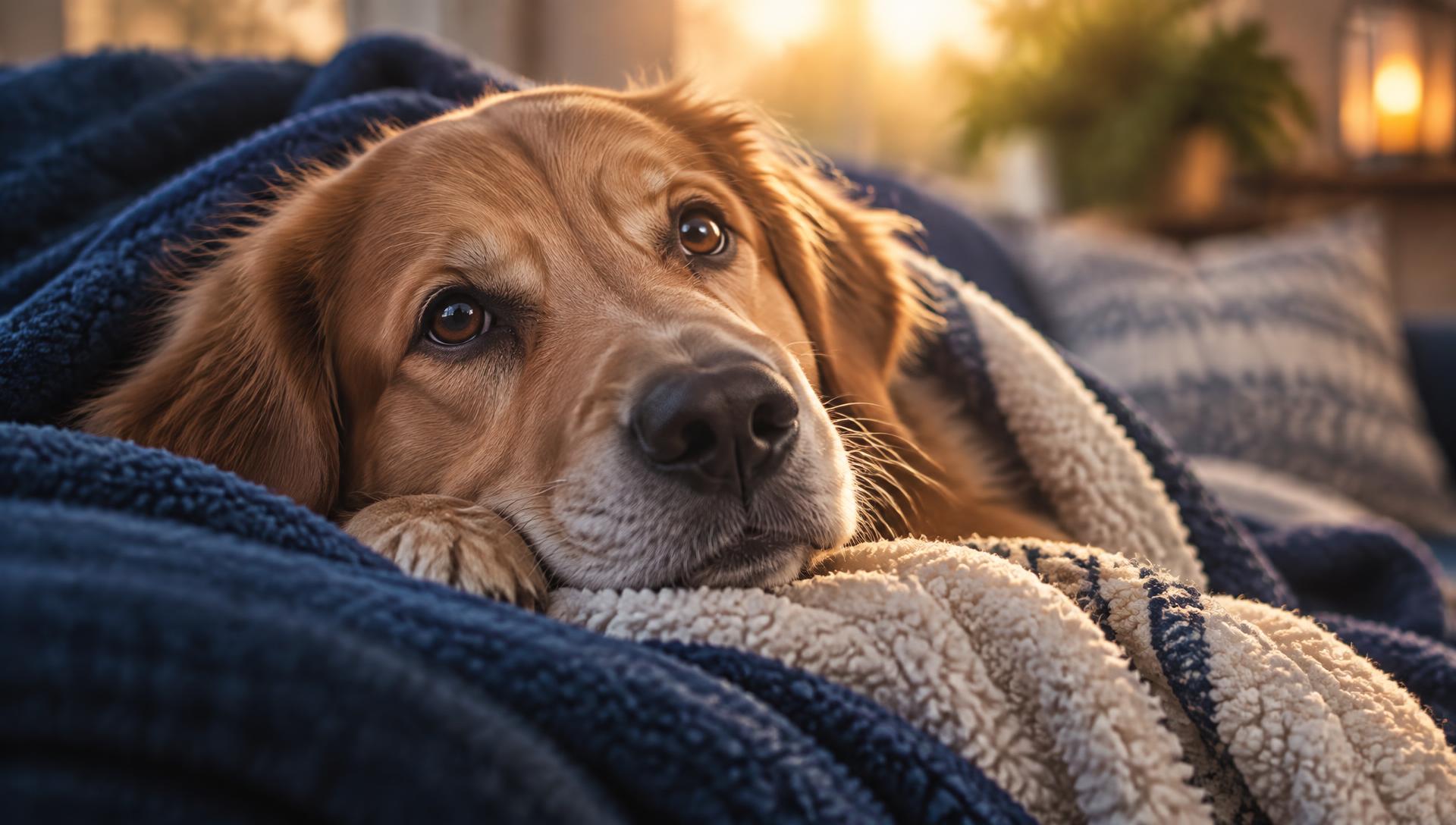 A golden dog nestled safely in soft navy and cream blankets, looking up trustingly in warm light