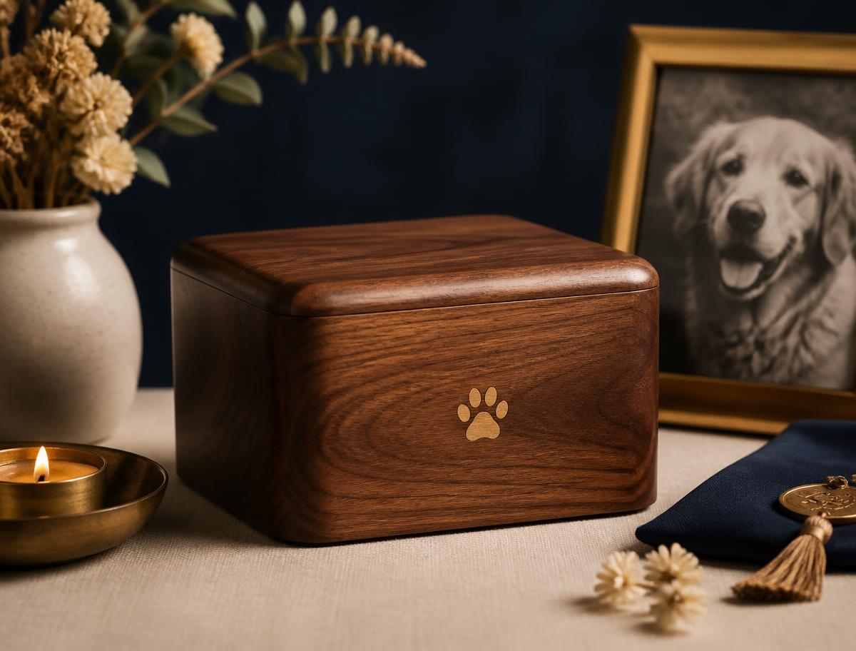 Elegant wooden pet urn engraved with a paw print, offered with private pet cremation in Bakersfield